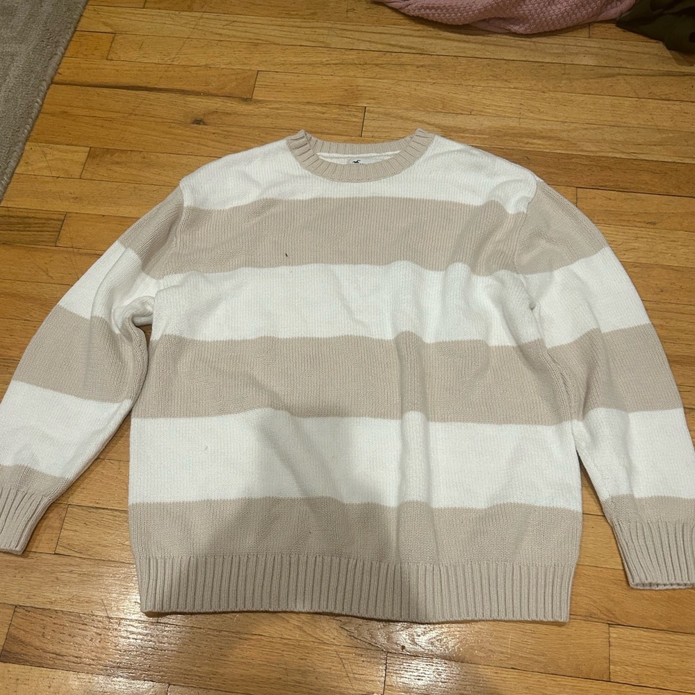 Hollister Beige and White Striped Crewneck Sweater